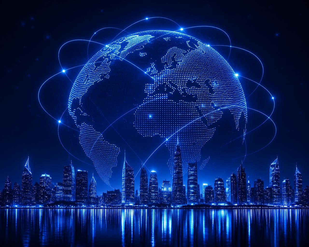 Digital globe connected by glowing network lines above a night city skyline